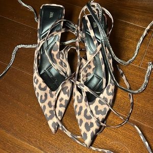 Zara leopard and crystal ankle wrap shoe . Worn once , like new condition